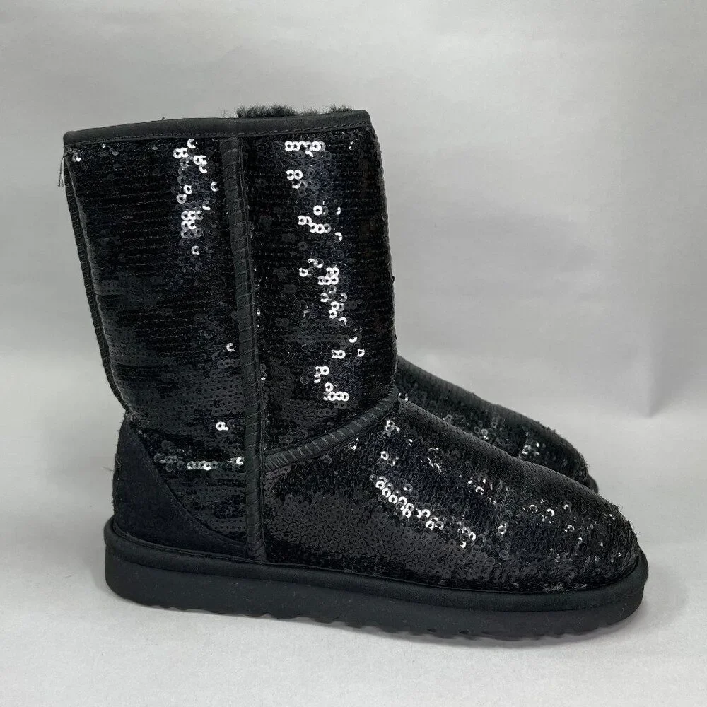 UGG Women's Size 6 Classic Short Black Sequin‎ Winter Boots